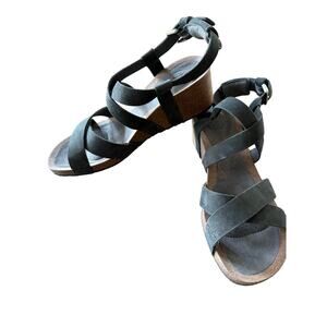 Teva Mahonia Wedge Sandal Size 9 Black Leather Cross Strap Cork Sole
